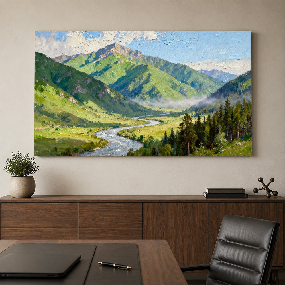 Green Alpine River canvas wall art, office mockup above a desk.