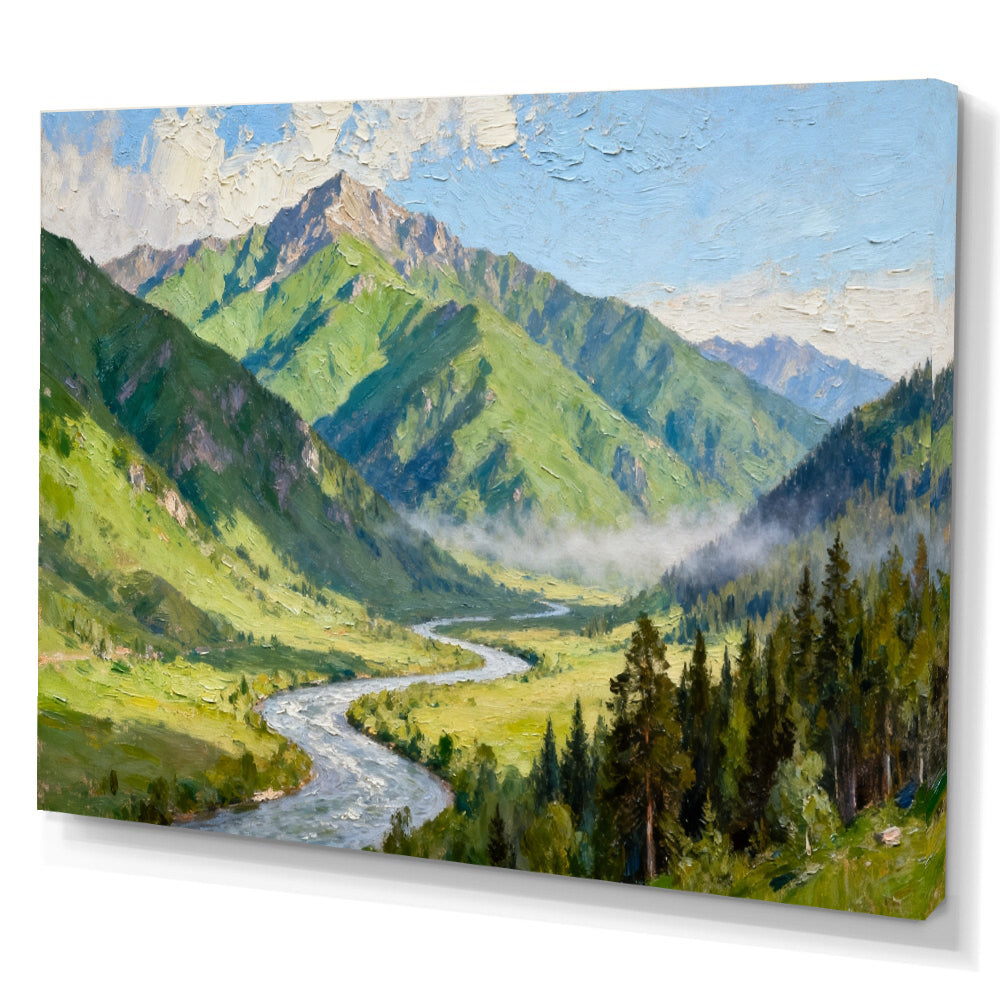 Green Alpine River canvas wall art, angled canvas mockup on a white background.