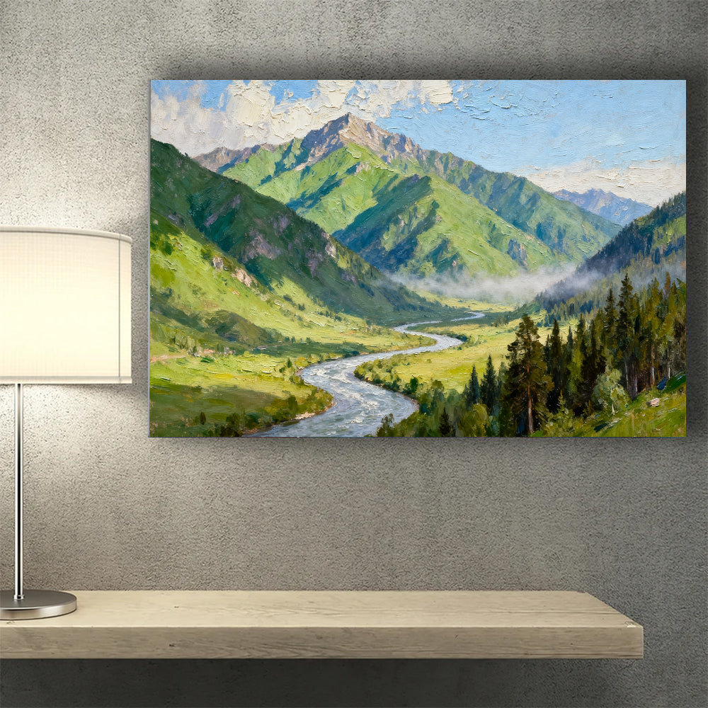Green Alpine River canvas wall art, wall mockup above a console.