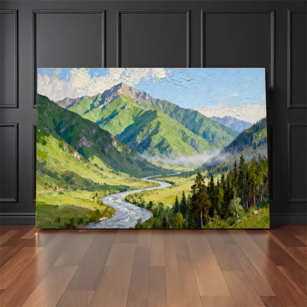Green Alpine River canvas wall art, floor display against a dark wall.