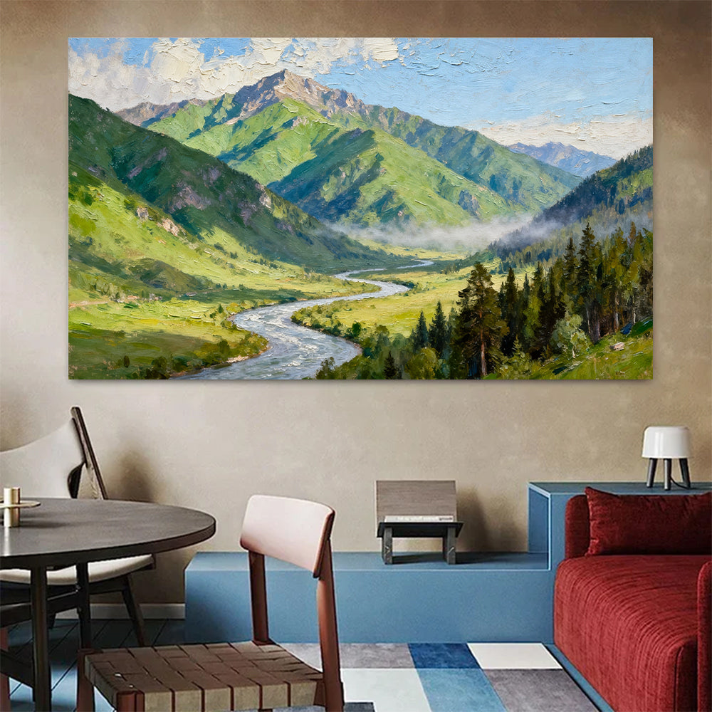 Green Alpine River canvas wall art, colorful room mockup.
