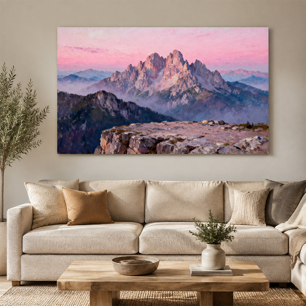 Rose Granite Crown canvas wall art, living room mockup above a sofa.