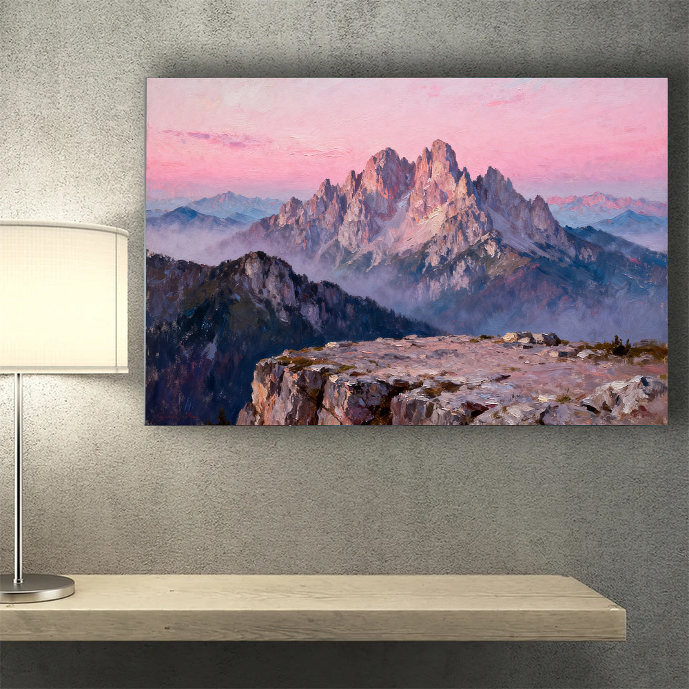 Rose Granite Crown canvas wall art, wall mockup above a console.