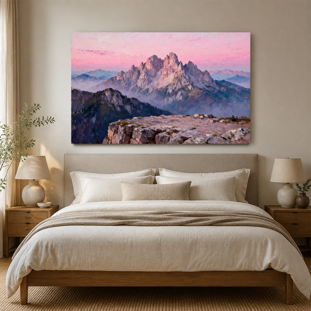 Rose Granite Crown canvas wall art, bedroom mockup above a bed.