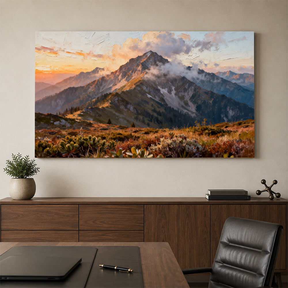 Cloud Wrapped Summit canvas wall art, office mockup above a desk.