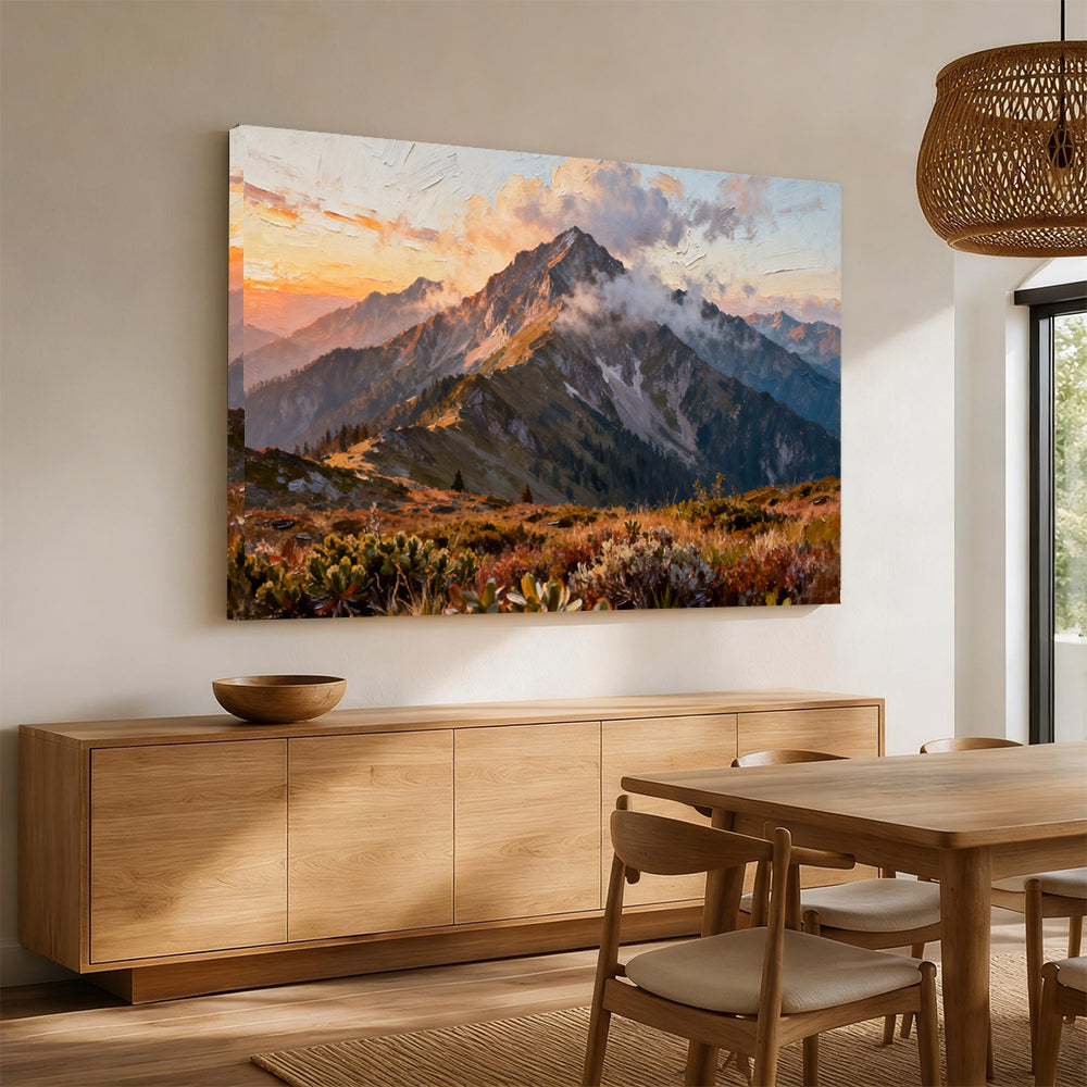 Cloud Wrapped Summit canvas wall art, angled mockup above a sideboard.