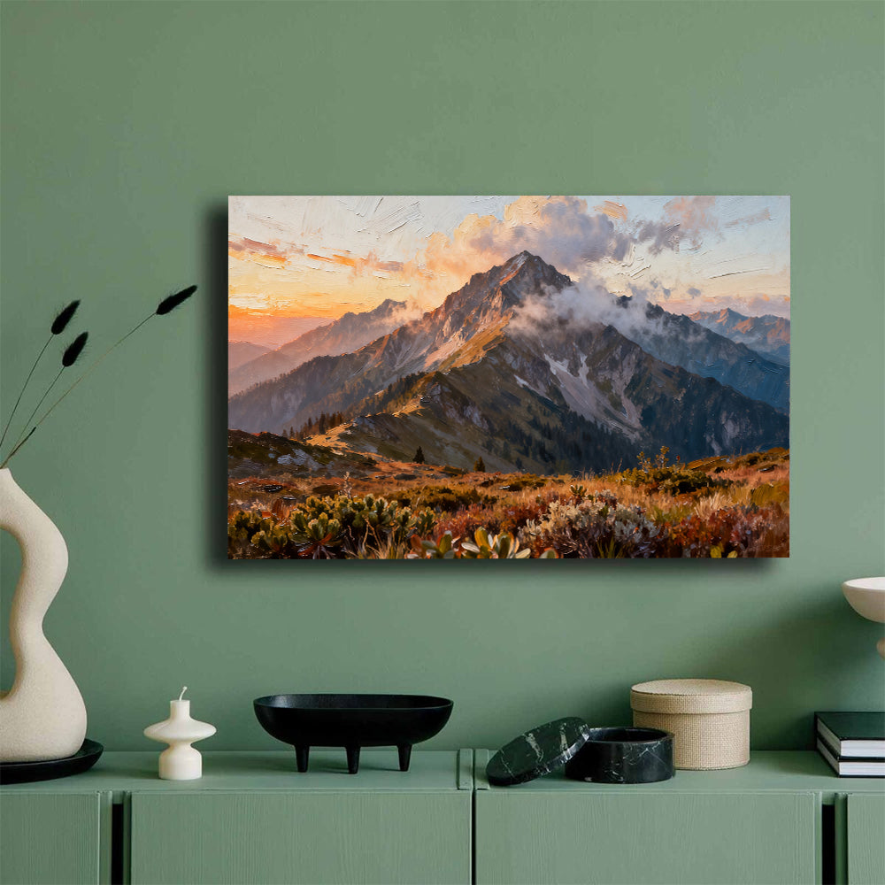 Cloud Wrapped Summit canvas wall art, mockup on a green wall.