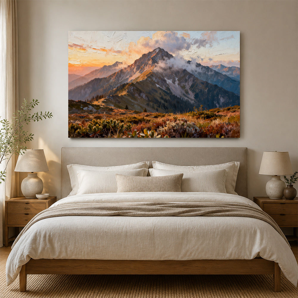 Cloud Wrapped Summit canvas wall art, bedroom mockup above a bed.