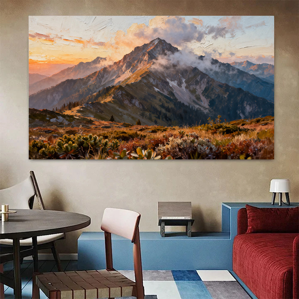 Cloud Wrapped Summit canvas wall art, colorful room mockup.