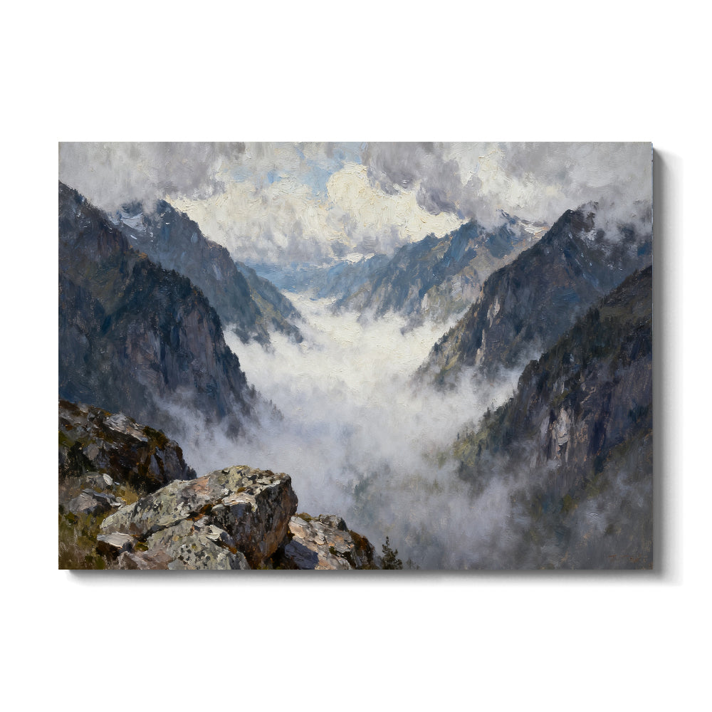 Misty High Mountain Pass canvas wall art, front view on a white background.