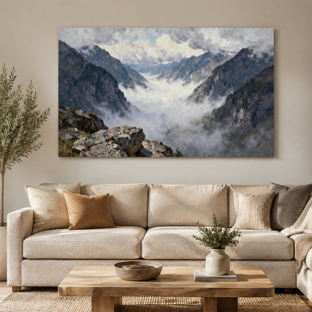 Misty High Mountain Pass canvas wall art, living room mockup above a sofa.