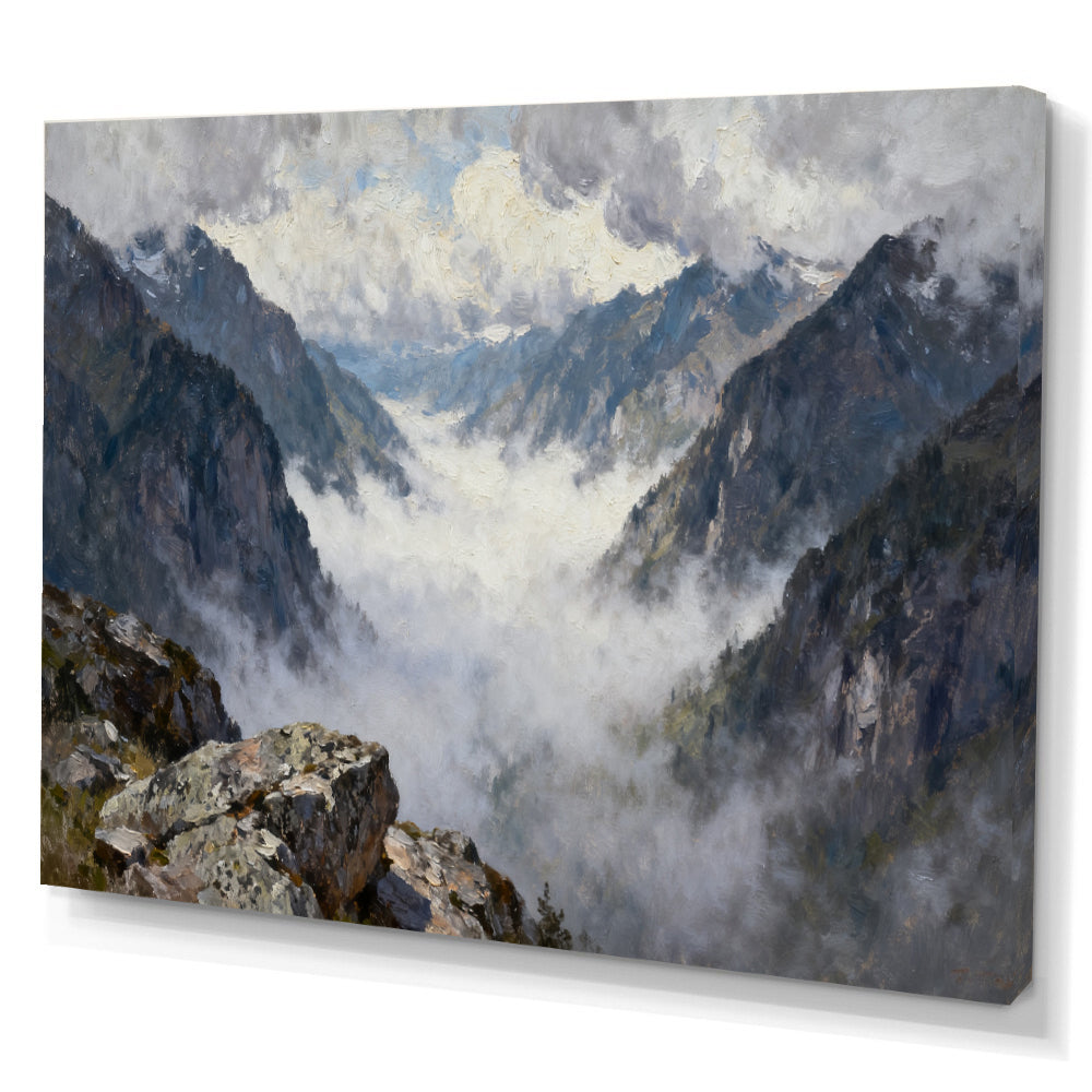 Misty High Mountain Pass canvas wall art, angled canvas mockup on a white background.