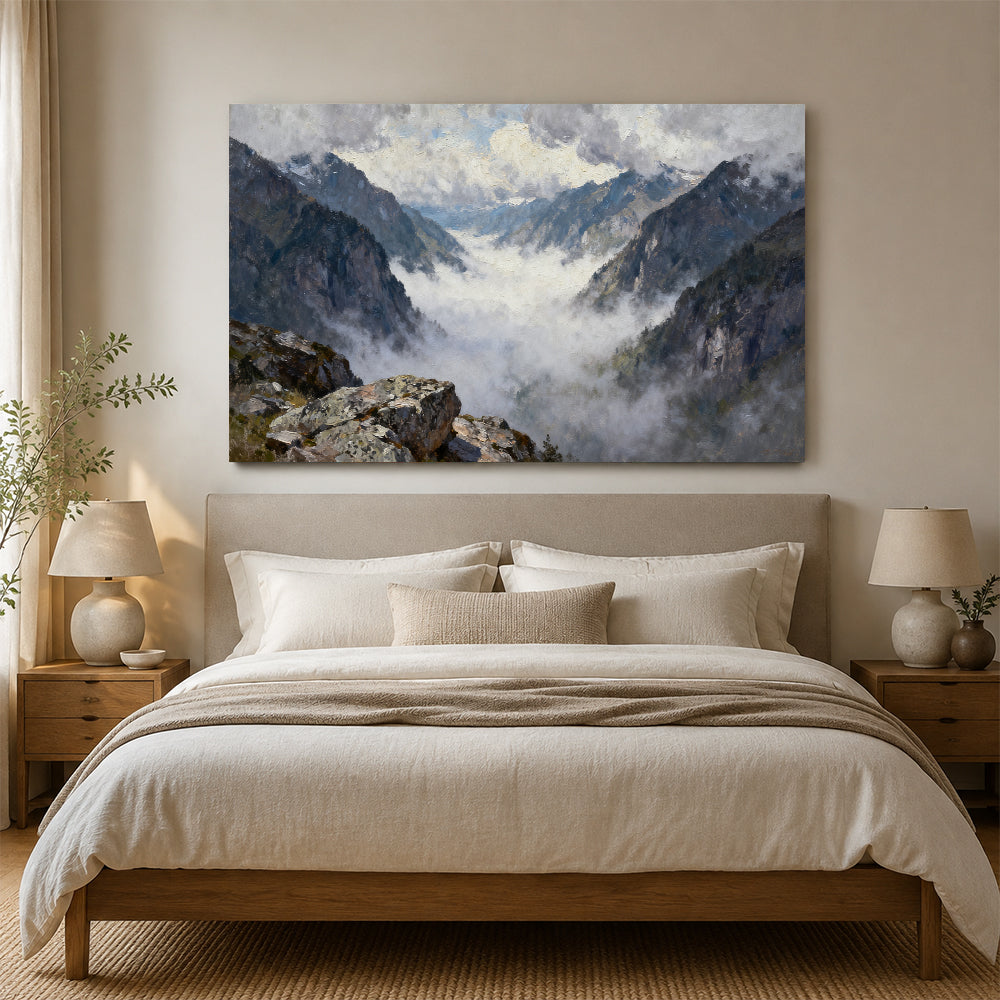 Misty High Mountain Pass canvas wall art, bedroom mockup above a bed.