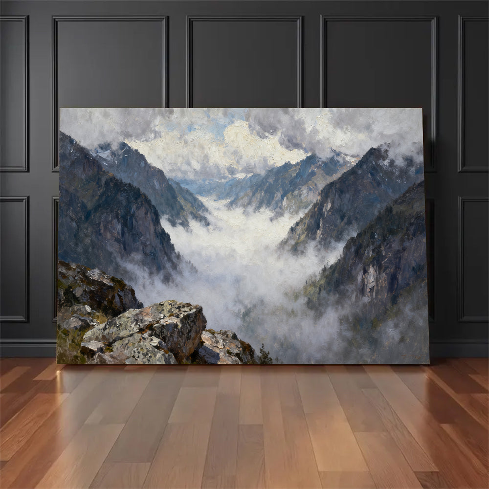 Misty High Mountain Pass canvas wall art, floor display against a dark wall.
