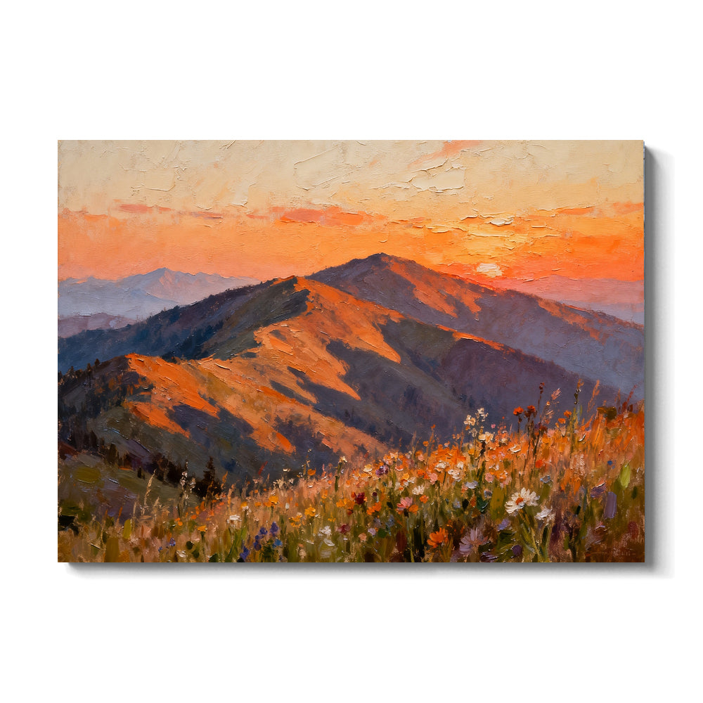 Sunset Mountain Wildflowers canvas wall art, front view on a white background.
