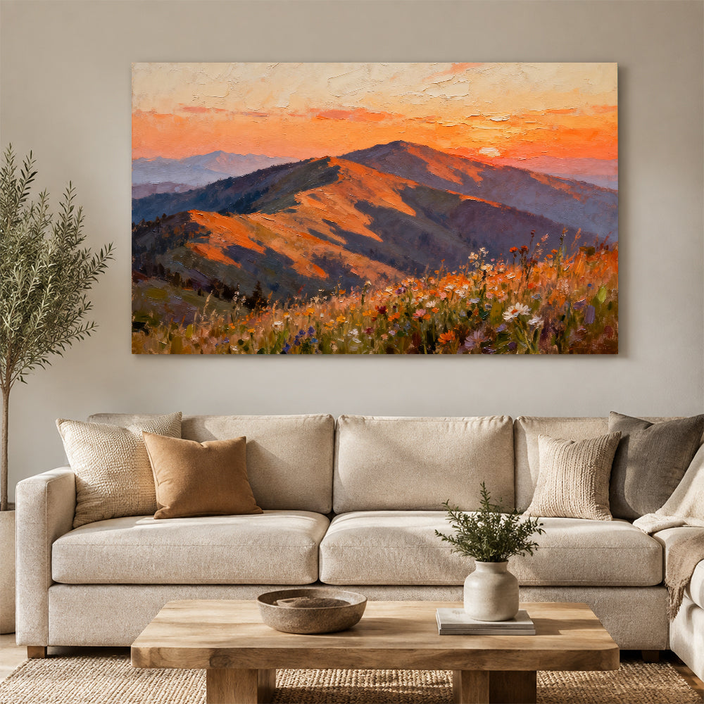 Sunset Mountain Wildflowers canvas wall art, living room mockup above a sofa.