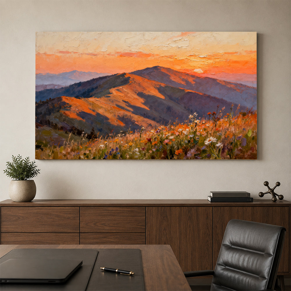 Sunset Mountain Wildflowers canvas wall art, office mockup above a desk.