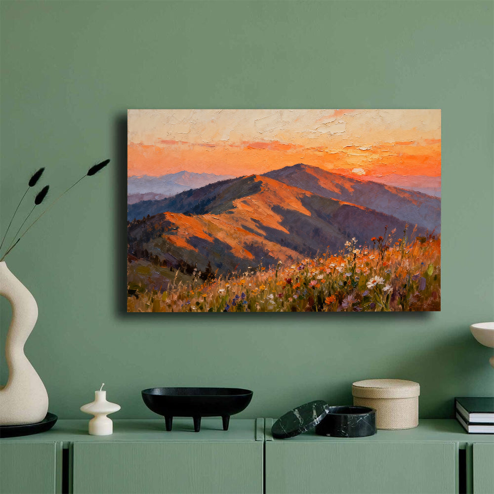 Sunset Mountain Wildflowers canvas wall art, mockup on a green wall.