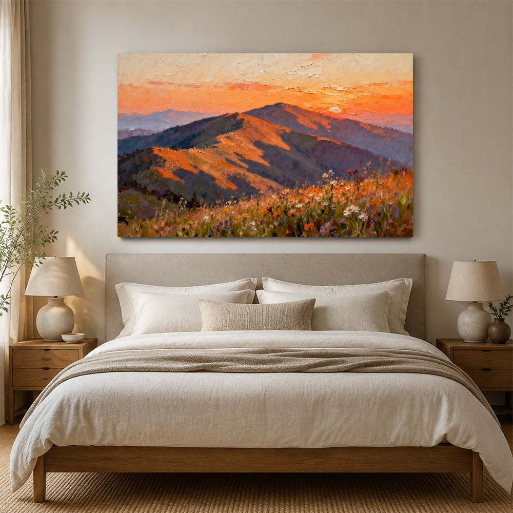 Sunset Mountain Wildflowers canvas wall art, bedroom mockup above a bed.