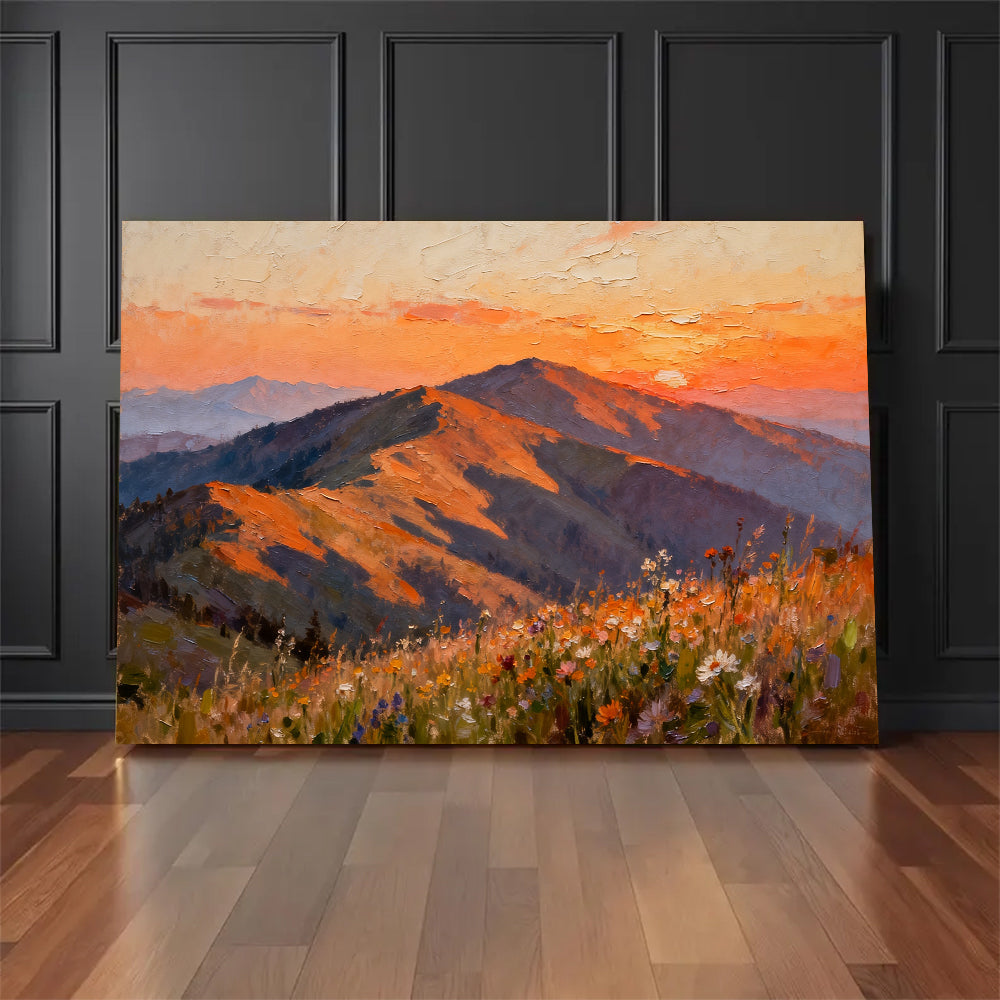 Sunset Mountain Wildflowers canvas wall art, floor display against a dark wall.