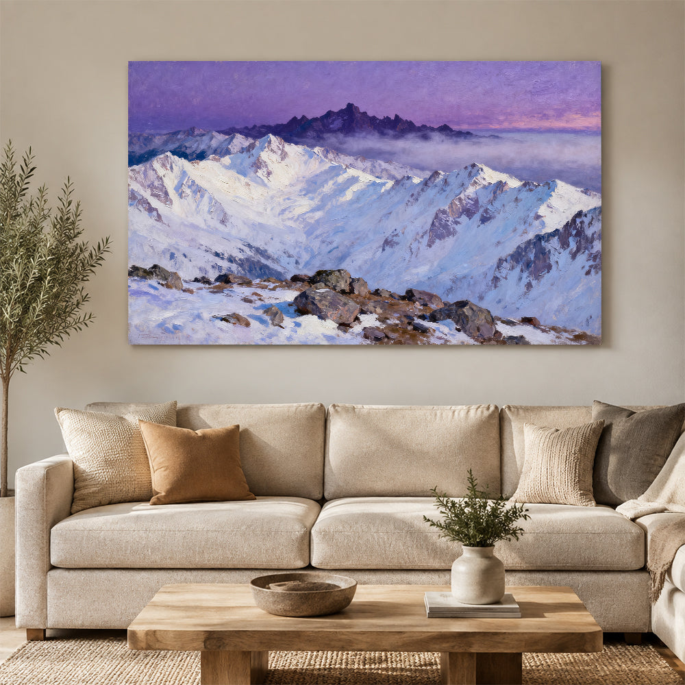 Violet Sky Snow Ridges canvas wall art, living room mockup above a sofa.