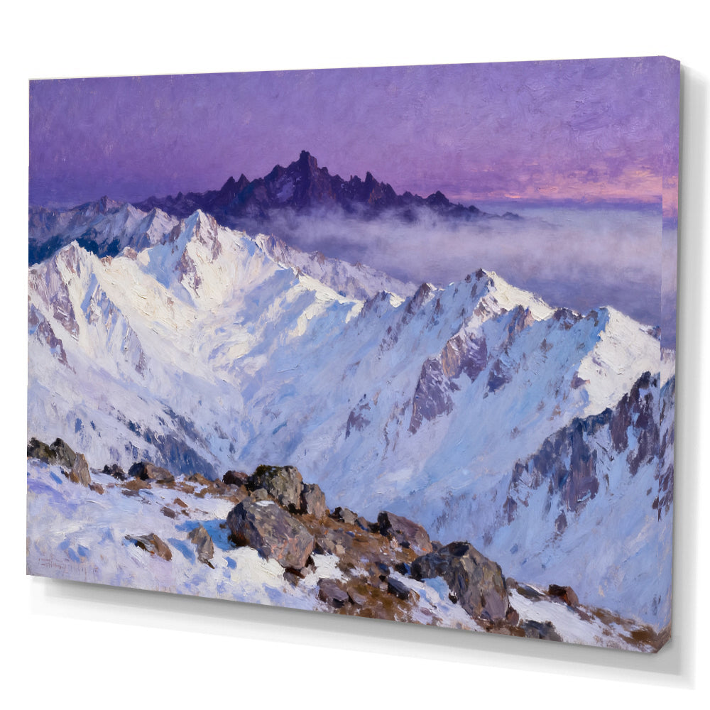 Violet Sky Snow Ridges canvas wall art, angled canvas mockup on a white background.