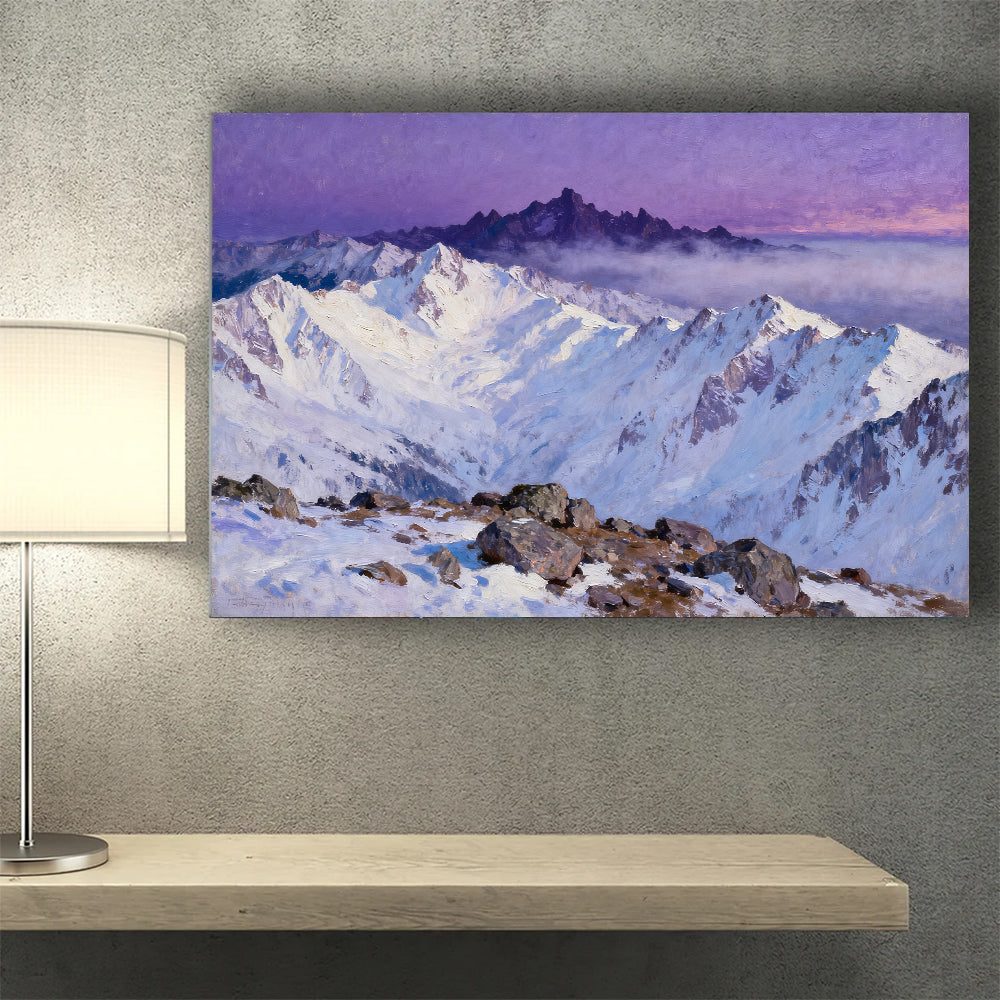 Violet Sky Snow Ridges canvas wall art, wall mockup above a console.