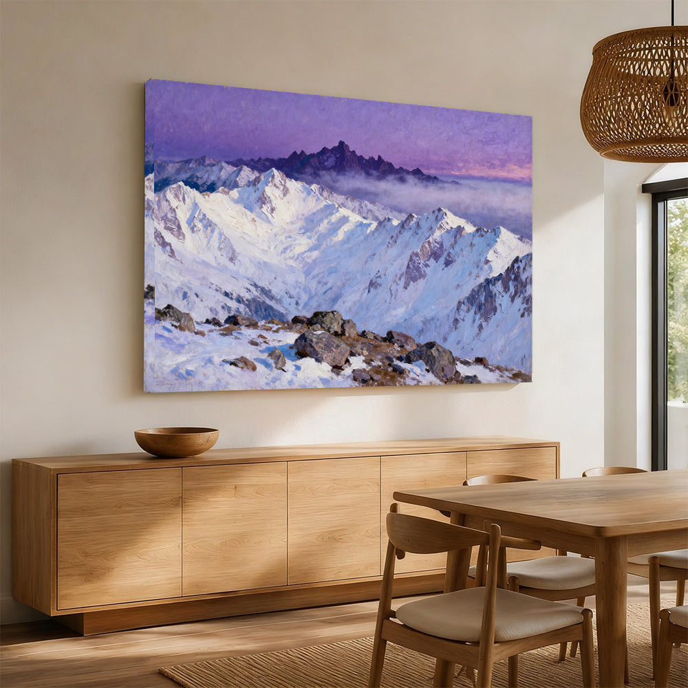 Violet Sky Snow Ridges canvas wall art, angled mockup above a sideboard.