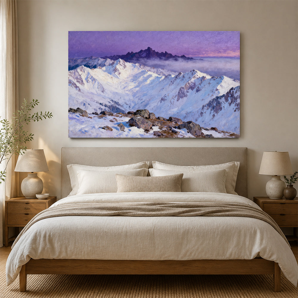 Violet Sky Snow Ridges canvas wall art, bedroom mockup above a bed.