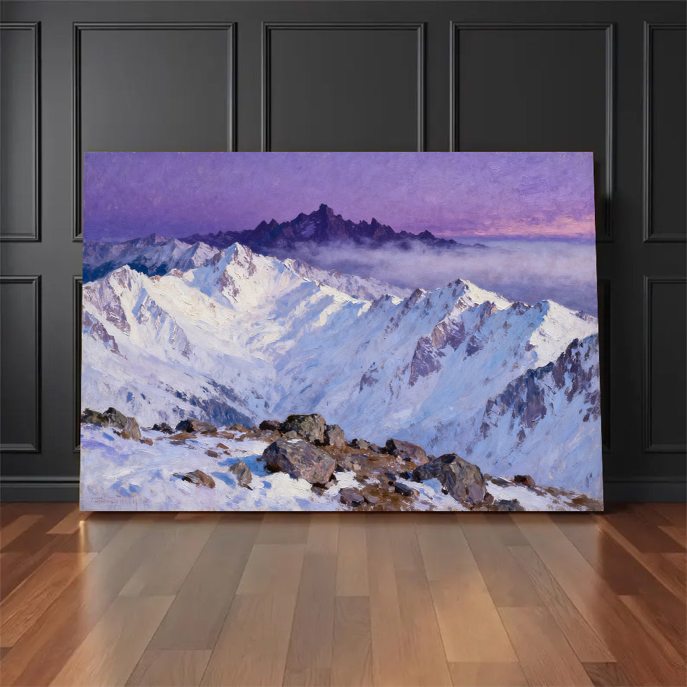Violet Sky Snow Ridges canvas wall art, floor display against a dark wall.