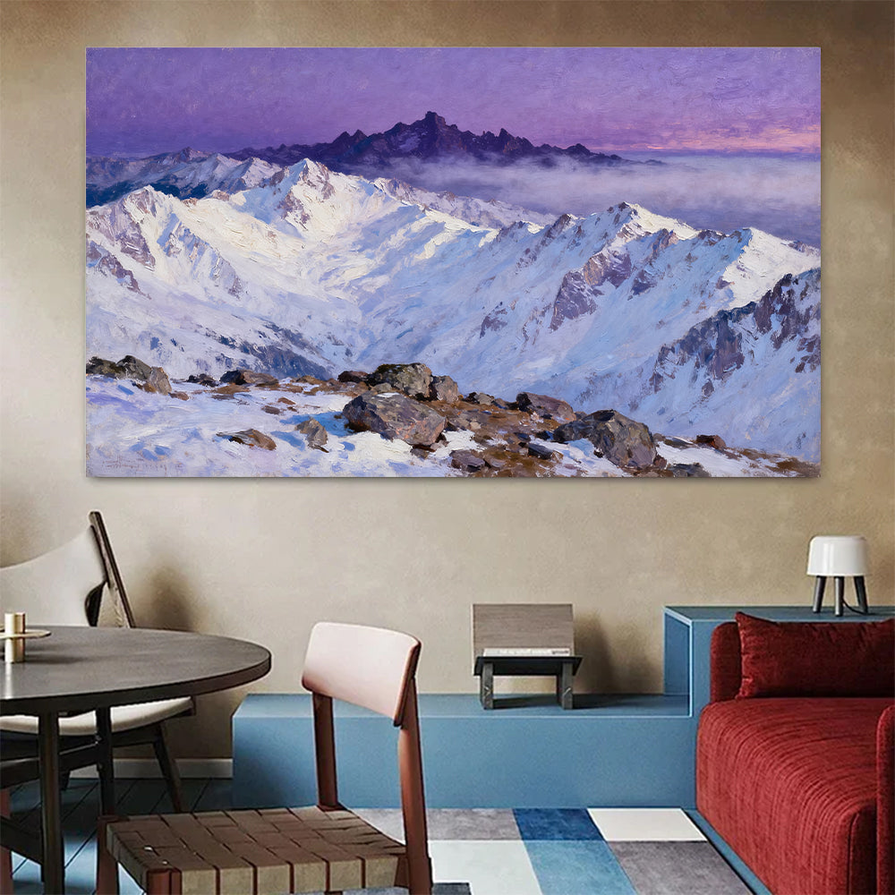 Violet Sky Snow Ridges canvas wall art, colorful room mockup.