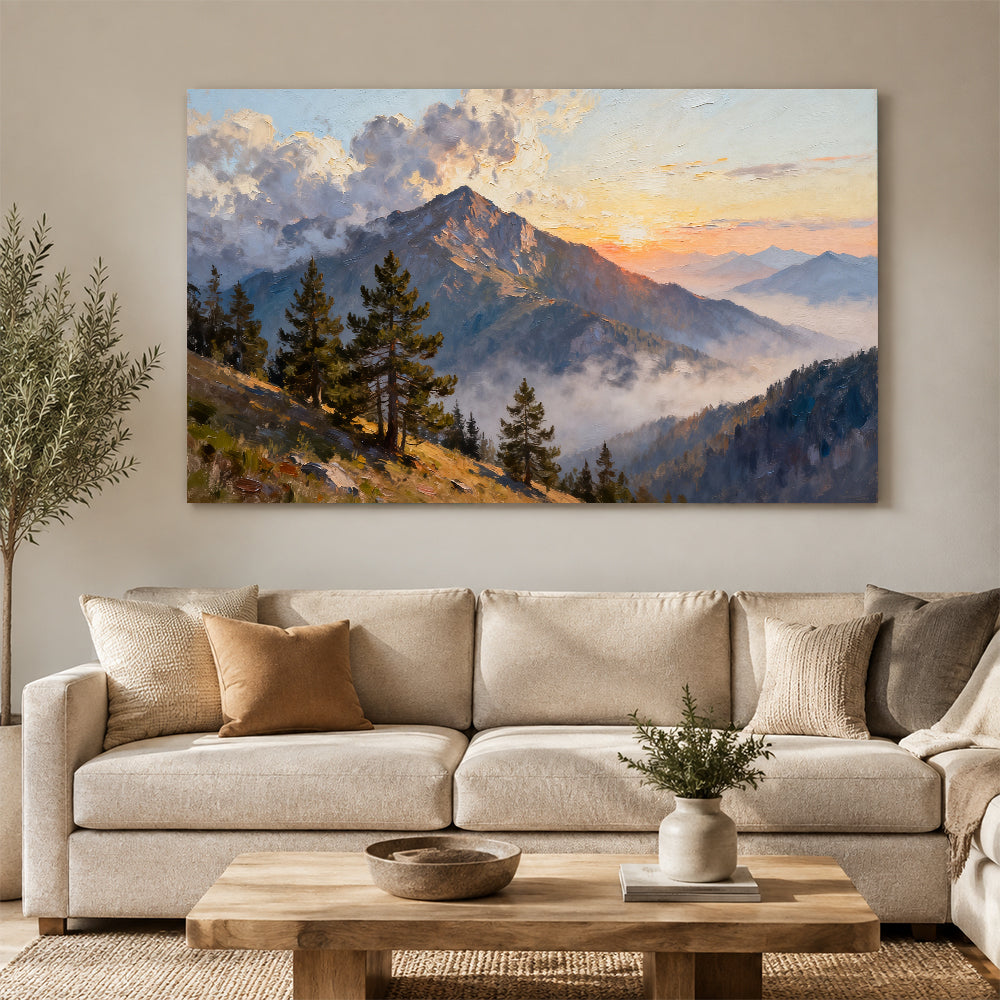 Pine Ridge Sunrise canvas wall art, living room mockup above a sofa.