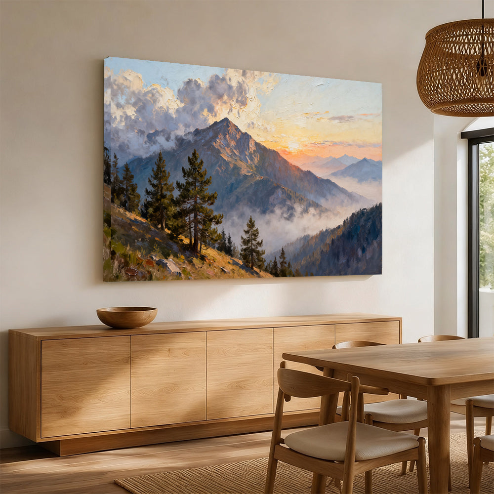 Pine Ridge Sunrise canvas wall art, angled mockup above a sideboard.