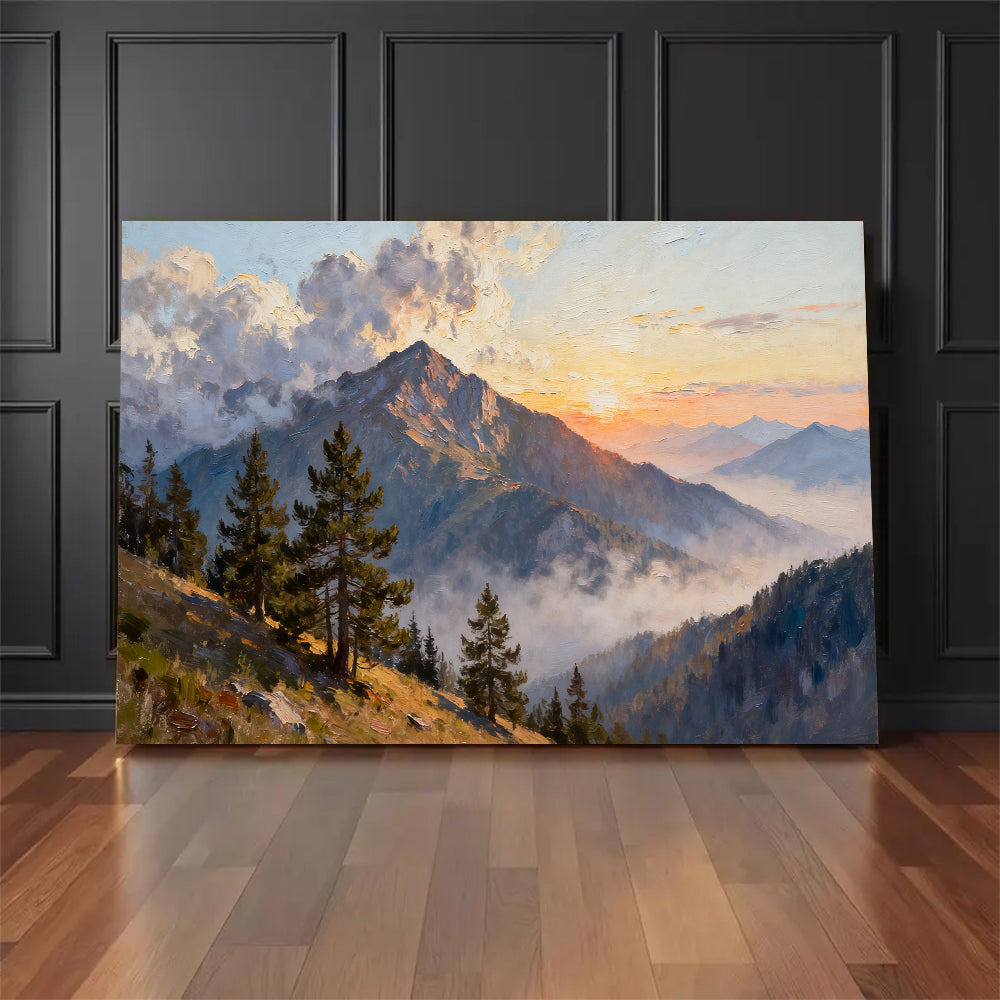 Pine Ridge Sunrise canvas wall art, floor display against a dark wall.