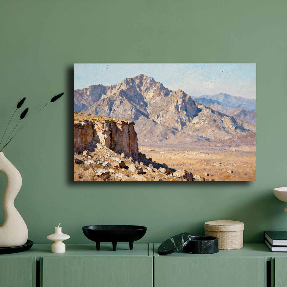 Stone Desert Escarpment canvas wall art, mockup on a green wall.