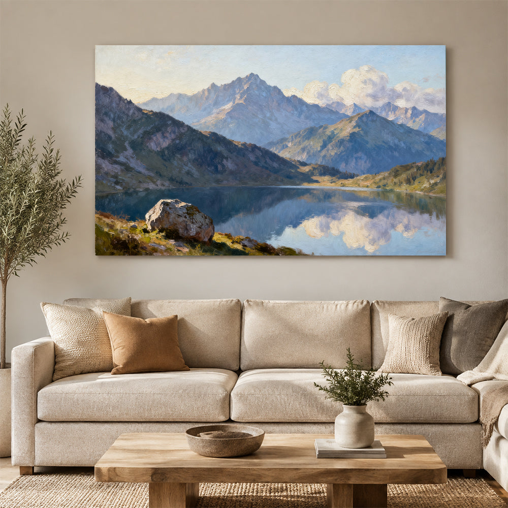 Blue Mountain Reflection canvas wall art, living room mockup above a sofa.