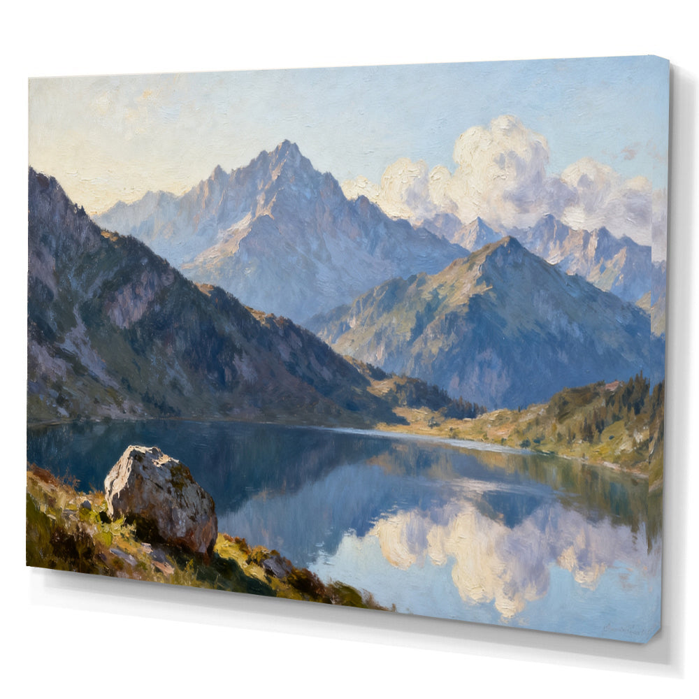 Blue Mountain Reflection canvas wall art, angled canvas mockup on a white background.