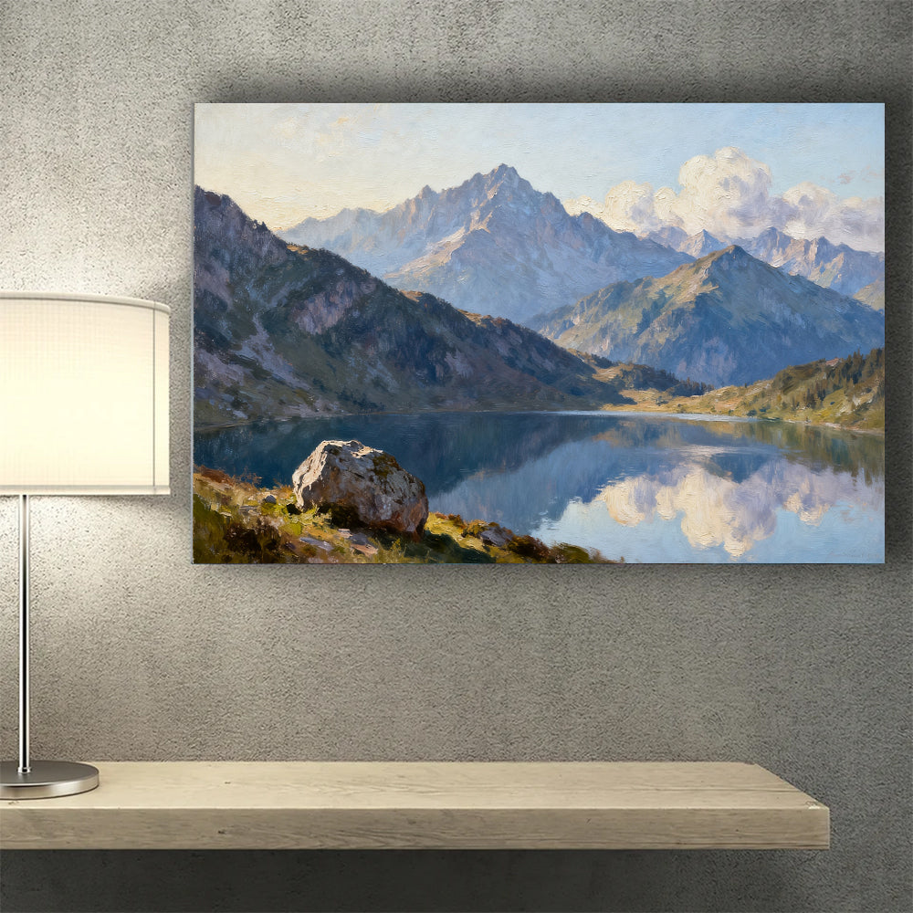 Blue Mountain Reflection canvas wall art, wall mockup above a console.