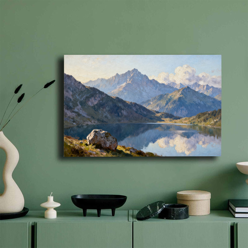 Blue Mountain Reflection canvas wall art, mockup on a green wall.