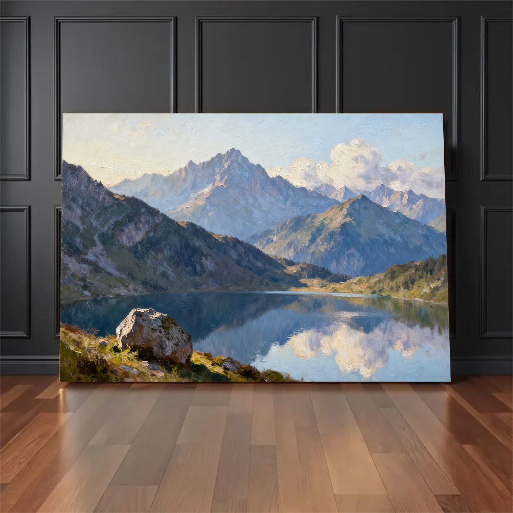 Blue Mountain Reflection canvas wall art, floor display against a dark wall.