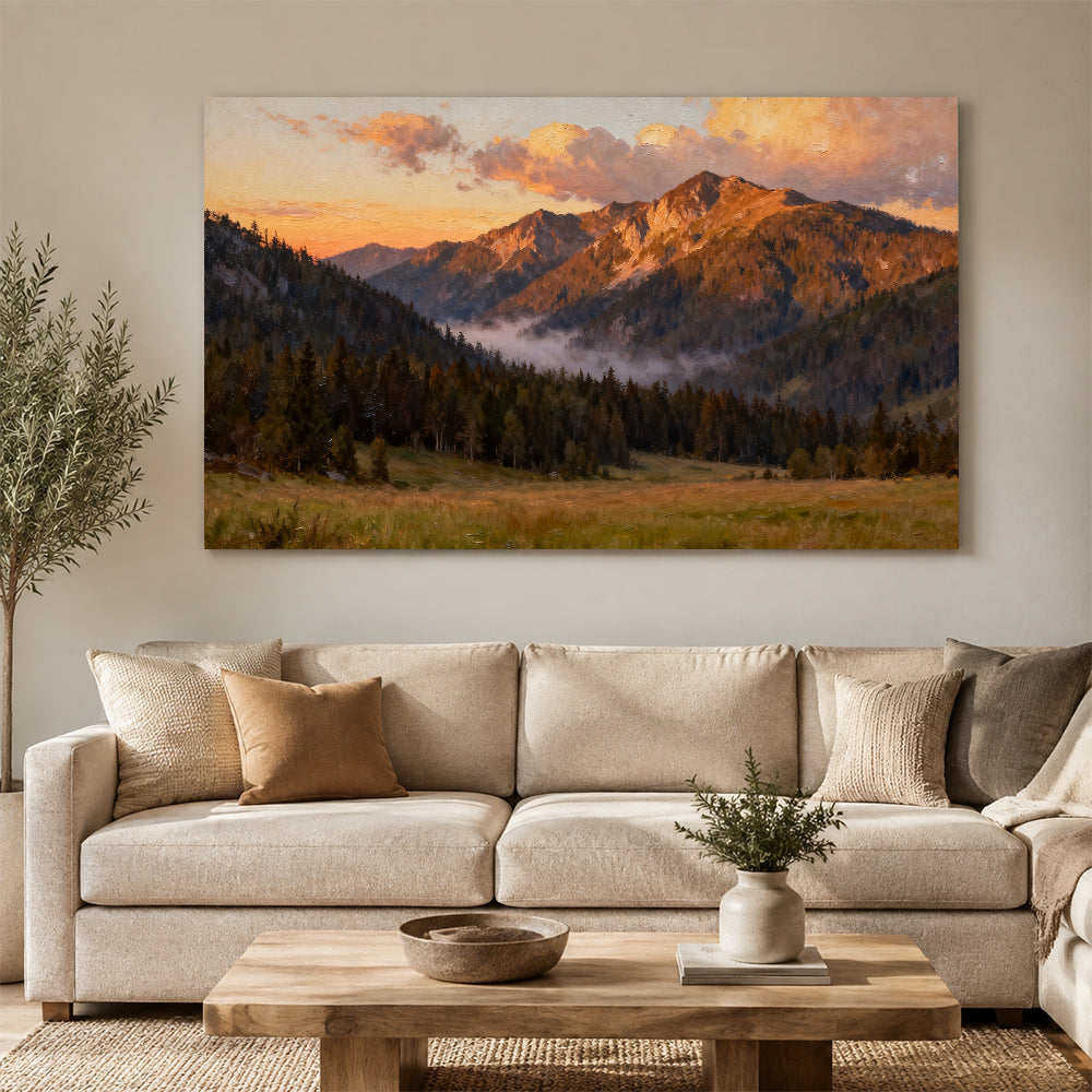 Amber Summit Clearing canvas wall art, living room mockup above a sofa.