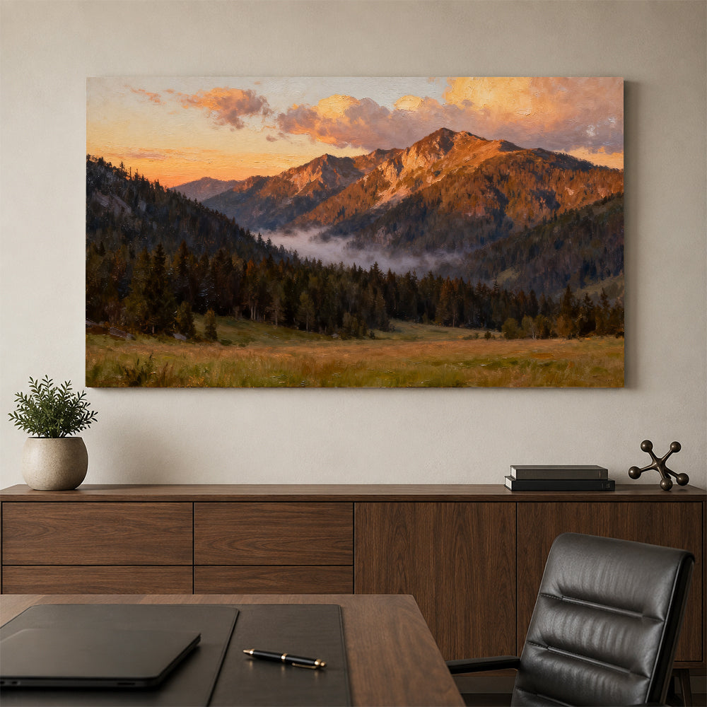 Amber Summit Clearing canvas wall art, office mockup above a desk.