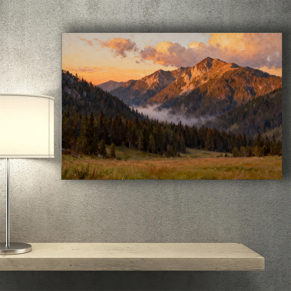Amber Summit Clearing canvas wall art, wall mockup above a console.