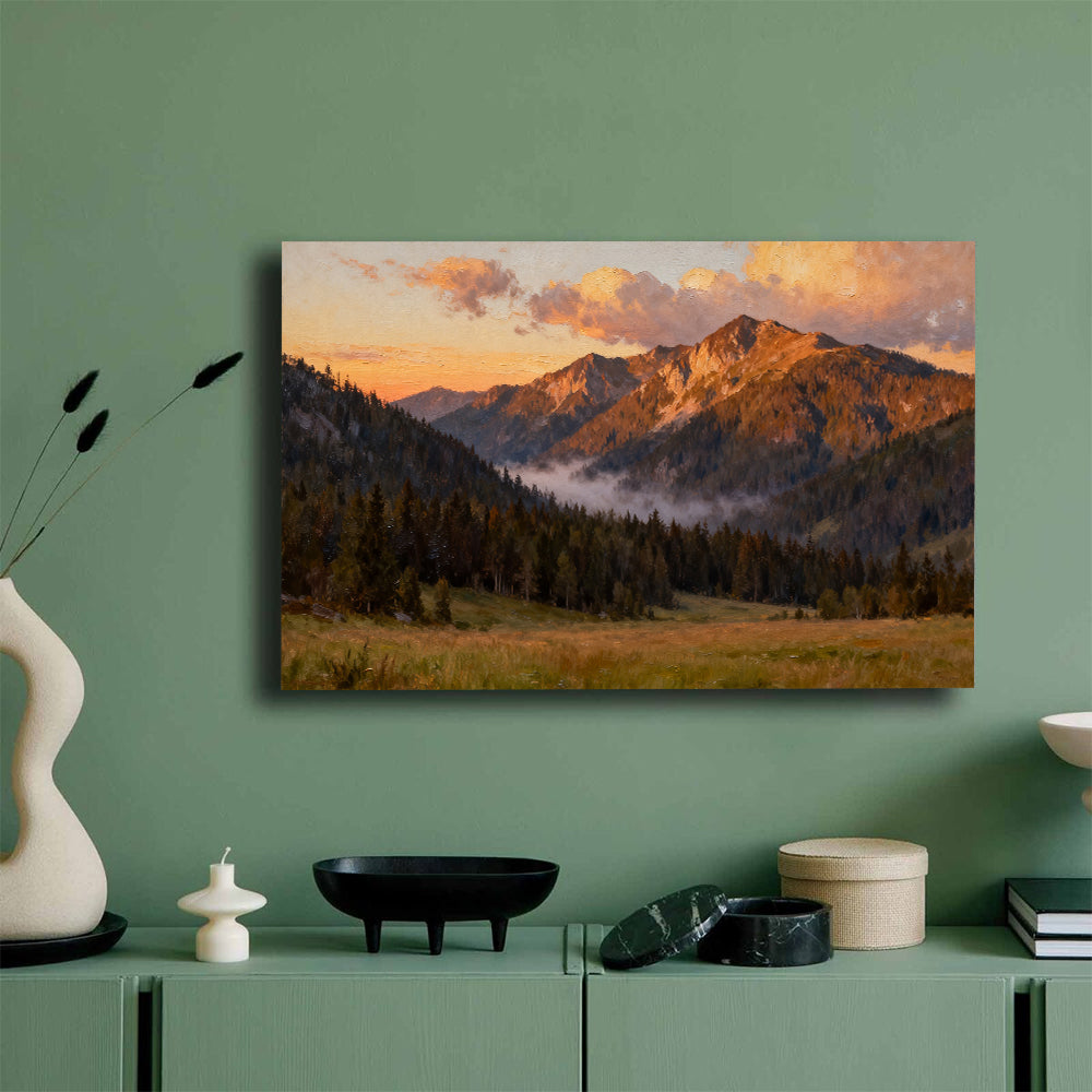 Amber Summit Clearing canvas wall art, mockup on a green wall.