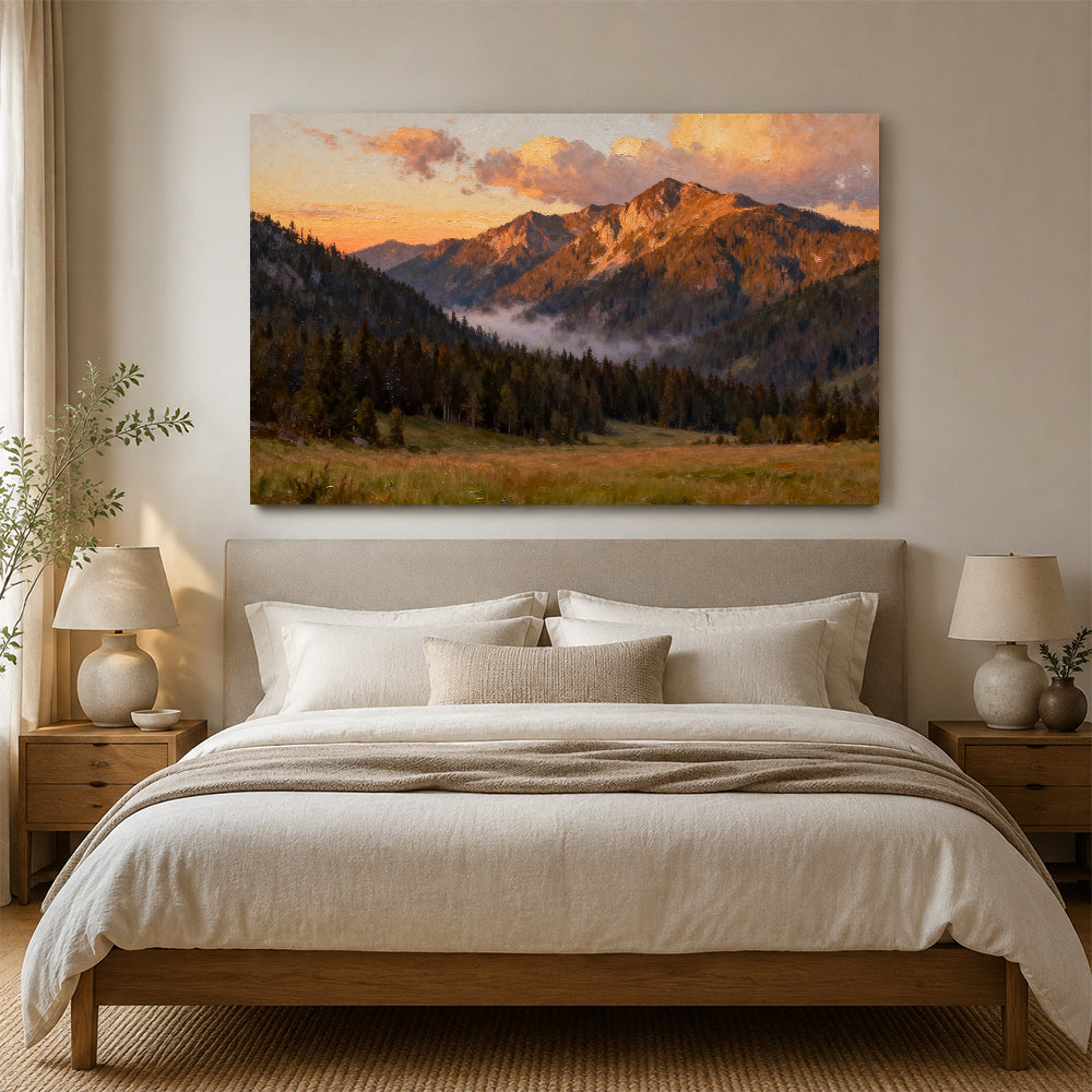 Amber Summit Clearing canvas wall art, bedroom mockup above a bed.
