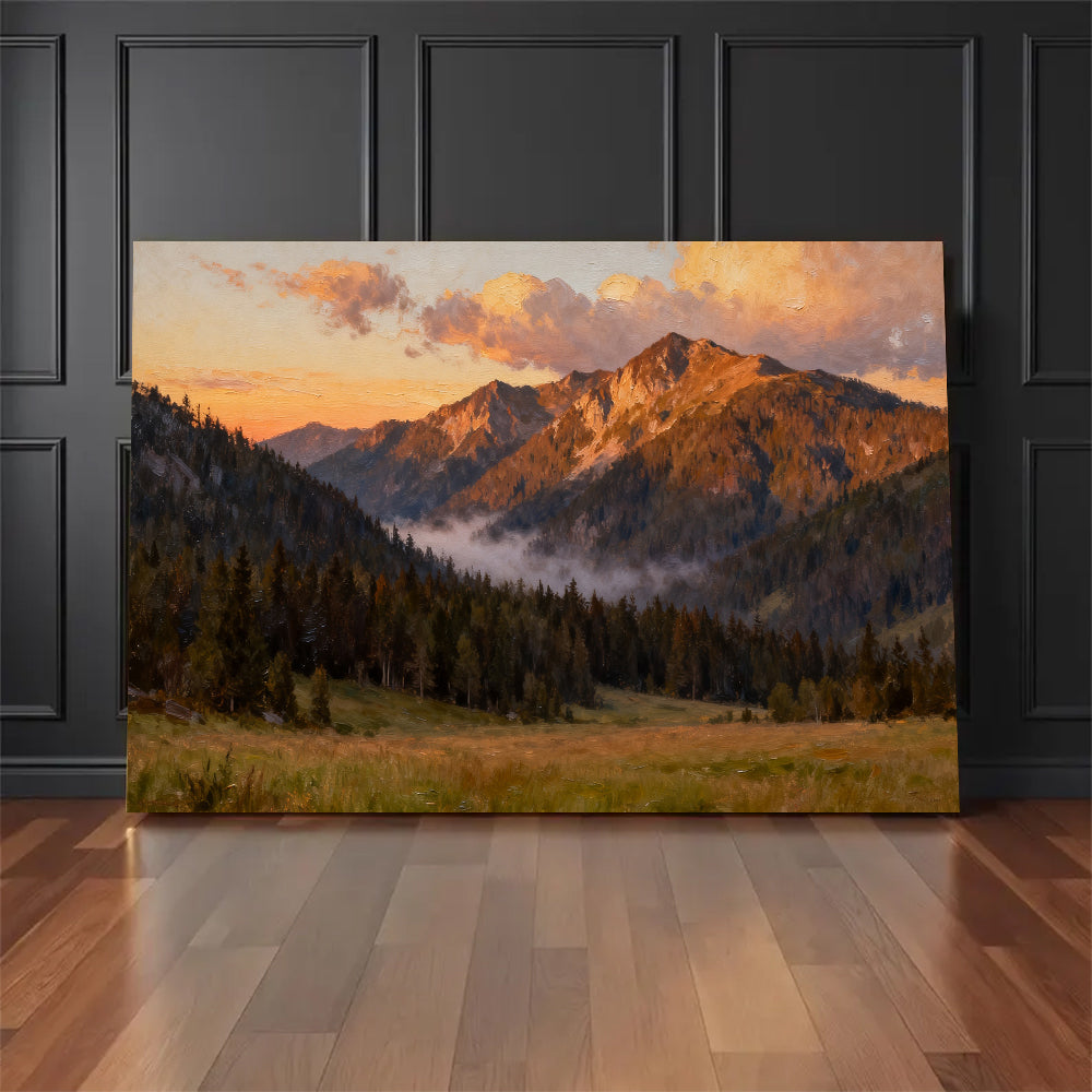 Amber Summit Clearing canvas wall art, floor display against a dark wall.