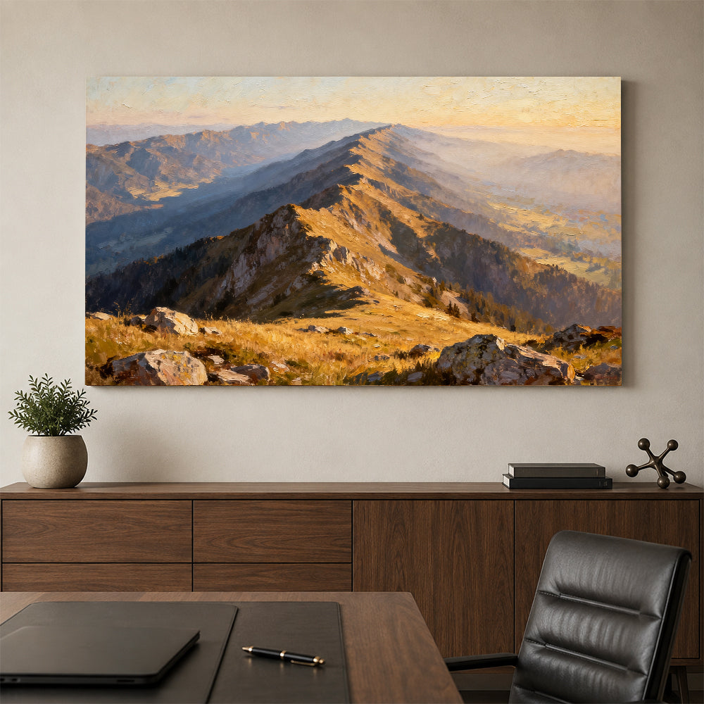 Golden Ridge Trail canvas wall art, office mockup above a desk.