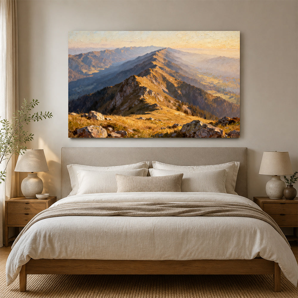 Golden Ridge Trail canvas wall art, bedroom mockup above a bed.