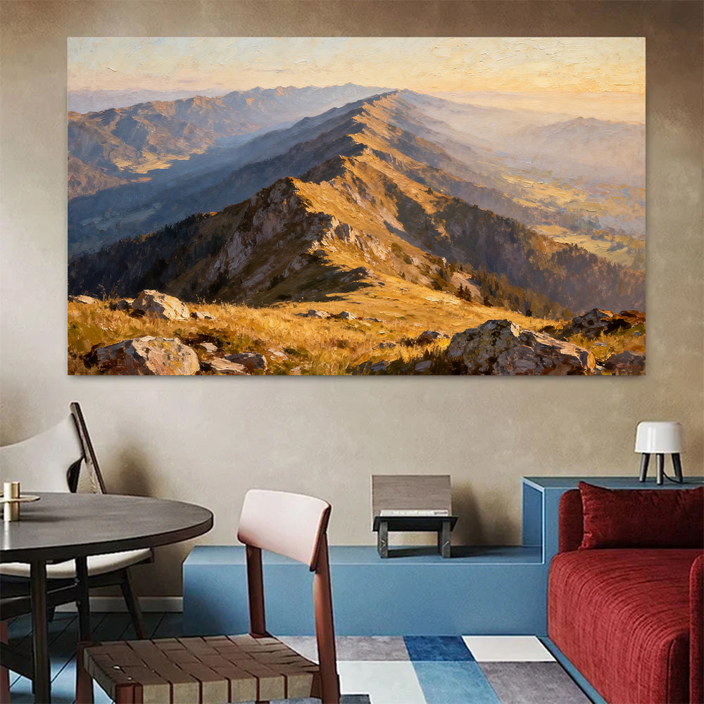 Golden Ridge Trail canvas wall art, colorful room mockup.