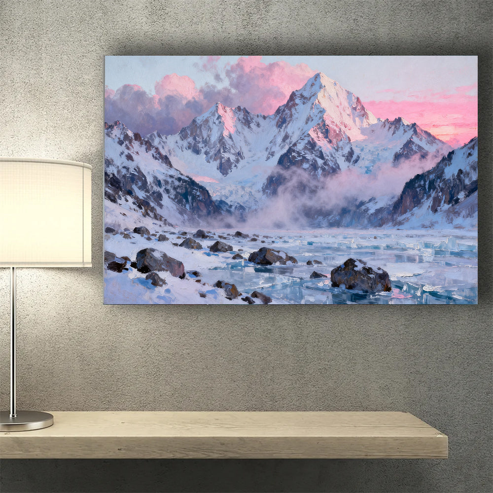 Pink Glacier Morning canvas wall art, wall mockup above a console.